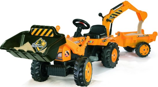 Kids ride on pedal tractor digger backhoe loader and trailer by smoby